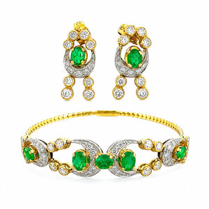 18K Yellow Gold 1.50ct Diamond and 1.75ct Emerald Bracelet & Earrings Set