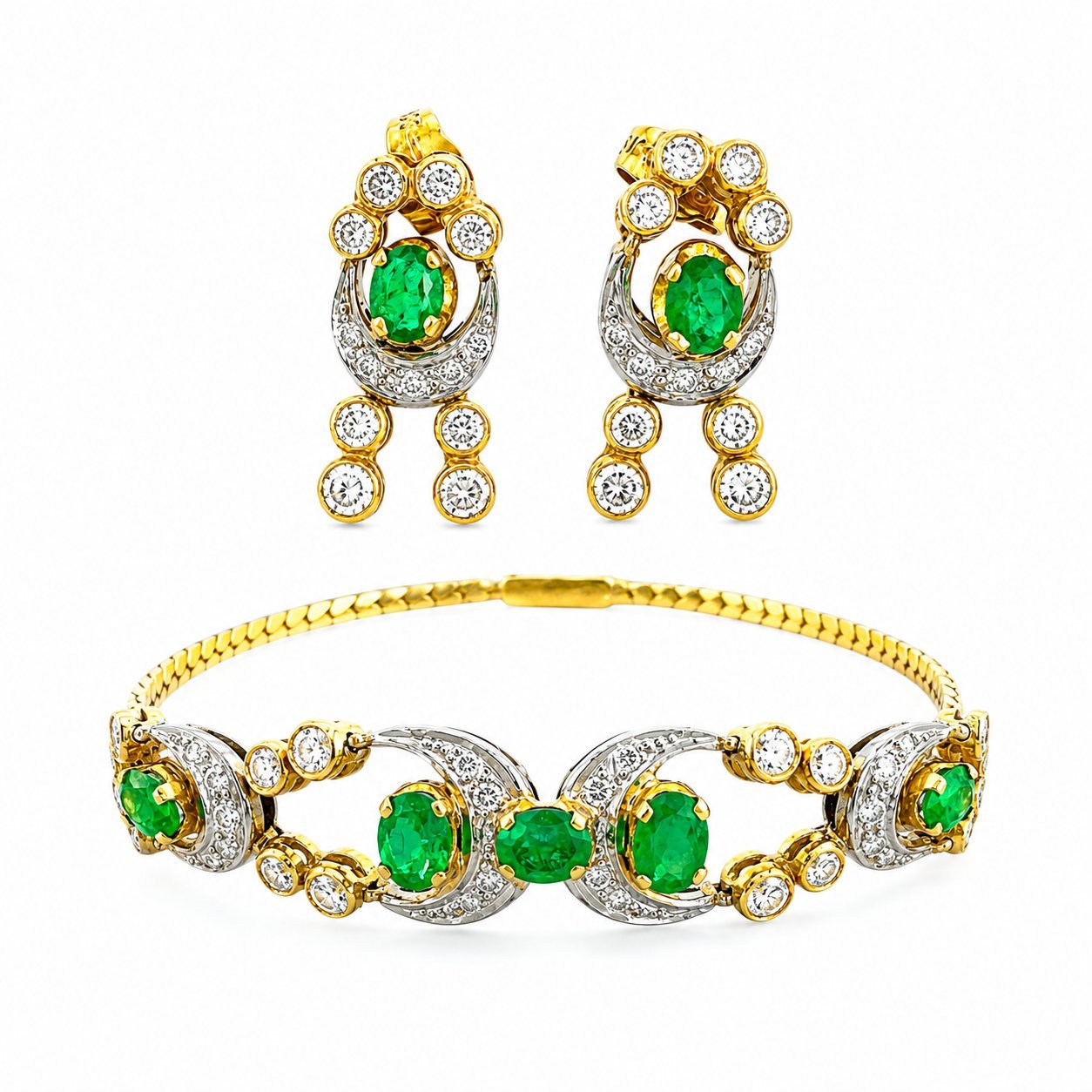 Gold bracelet and emerald-and-diamond drop earrings set, oval green gems with white stones