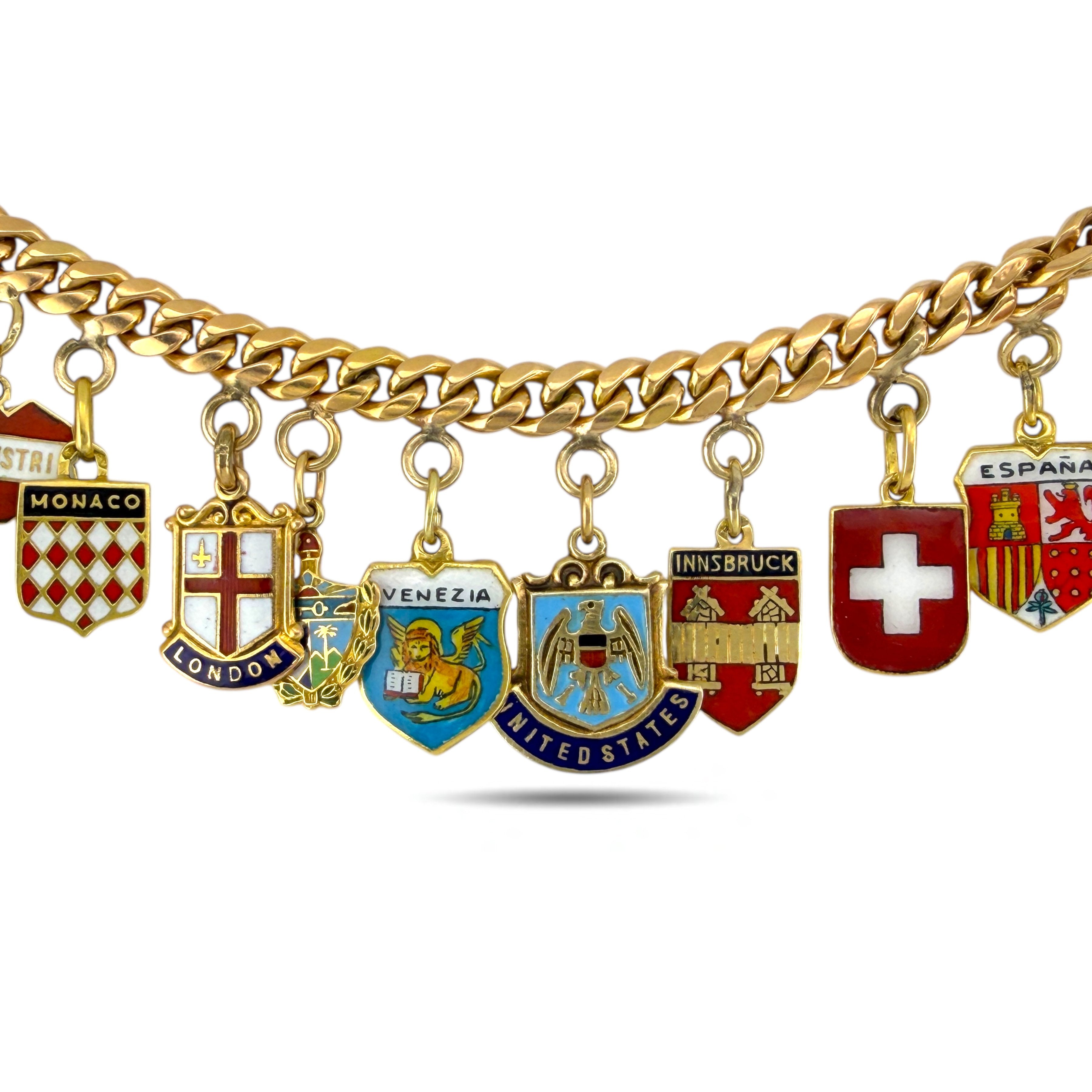 18 kt. Yellow gold, European & American Gold Travel Shield Bracelet, 18K Charm Bracelet