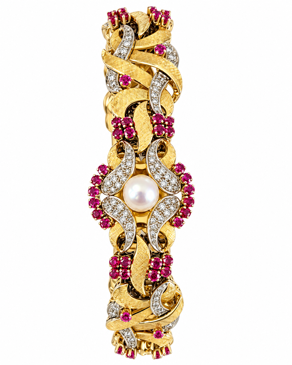 Gold vintage bracelet with pearl centerpiece, ruby clusters, and diamond ribbon links
