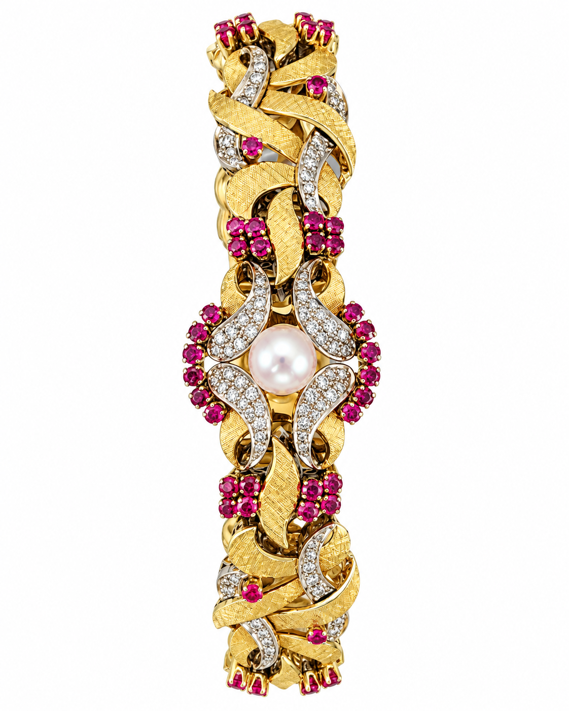 Gold vintage bracelet with central pearl, ruby clusters, and sparkling diamond accents
