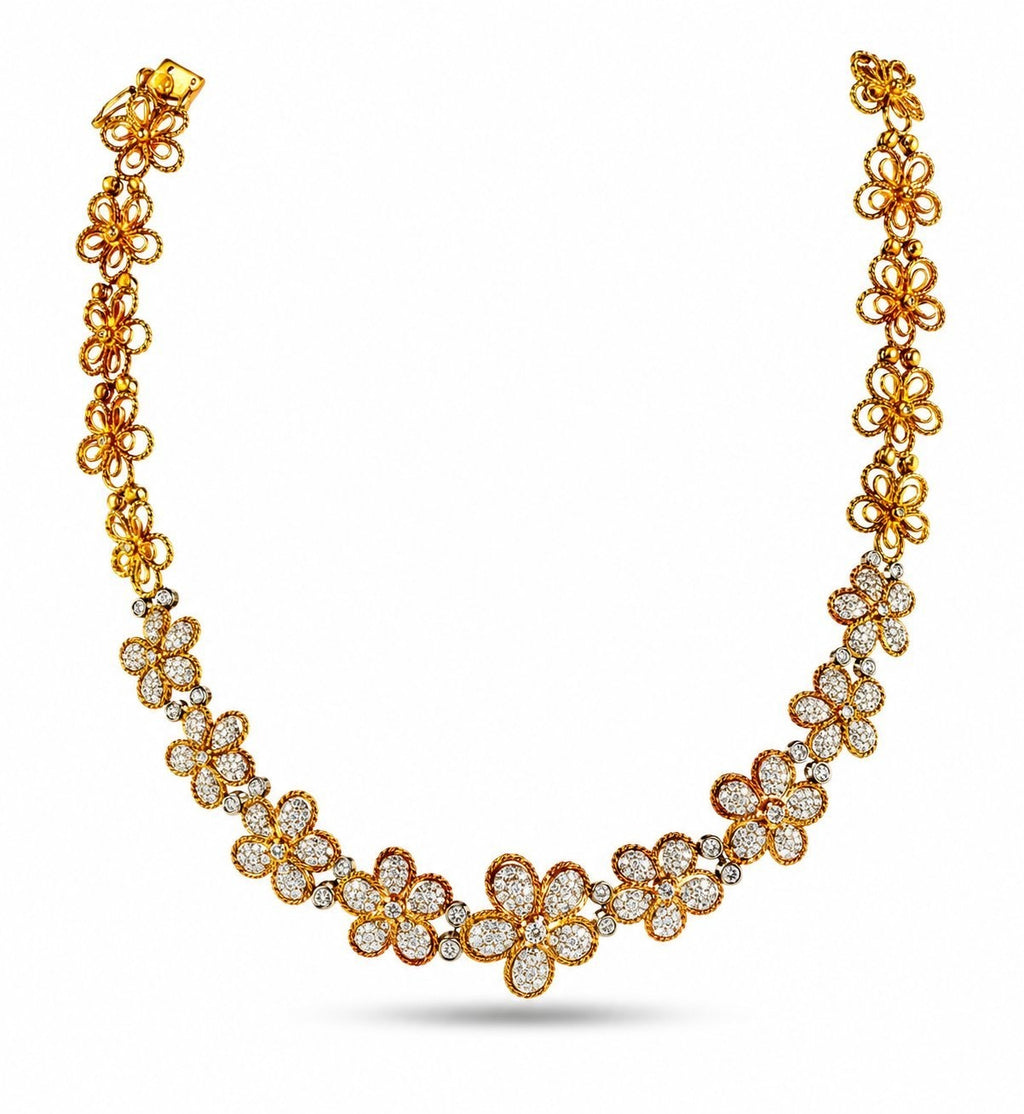 18K Yellow Gold 7.5ct Diamond Sunflower Necklace and Earrings Set