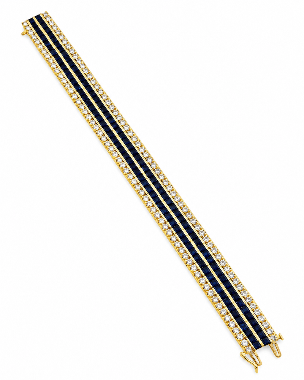 Yellow gold tennis bracelet with blue sapphire stripes and diamond line stones, open end.