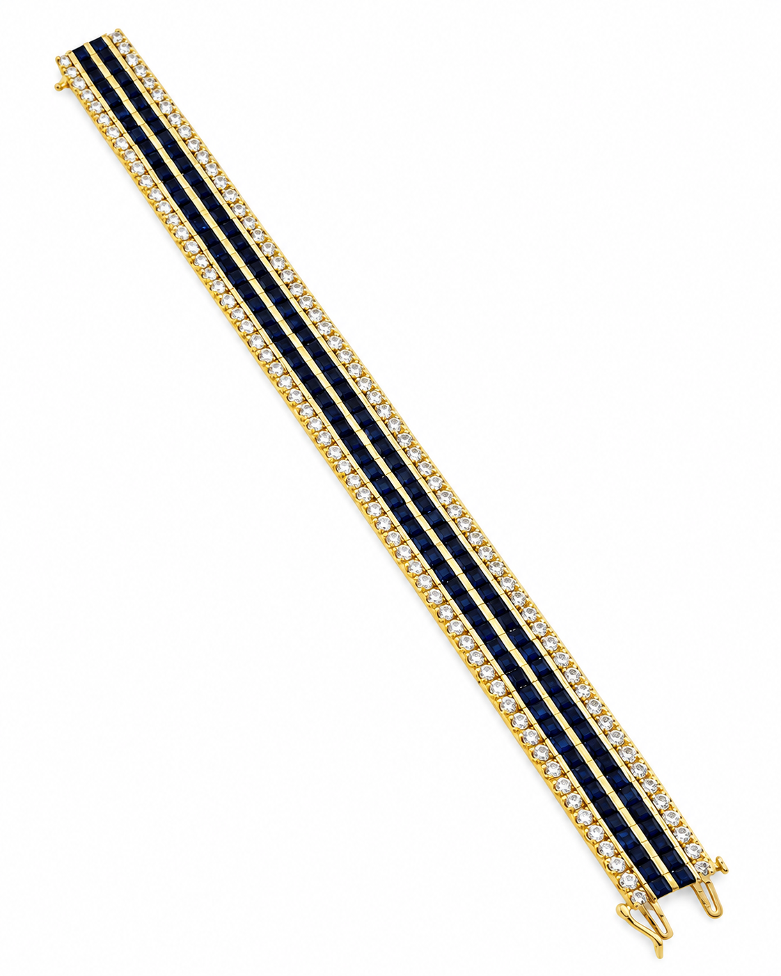 Yellow gold tennis bracelet with blue sapphire stripes and diamond line stones, open end.