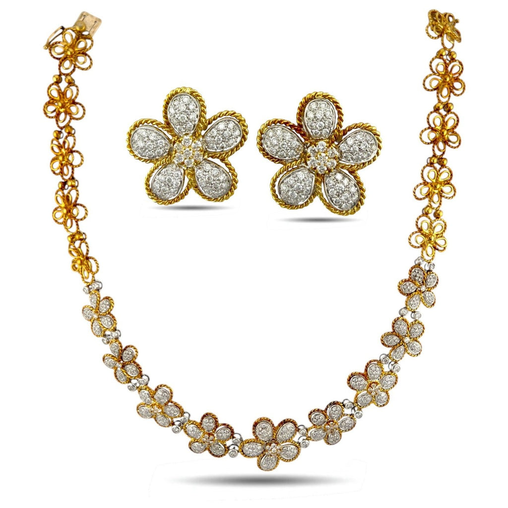 18K Yellow Gold 7.5ct Diamond Sunflower Necklace and Earrings Set