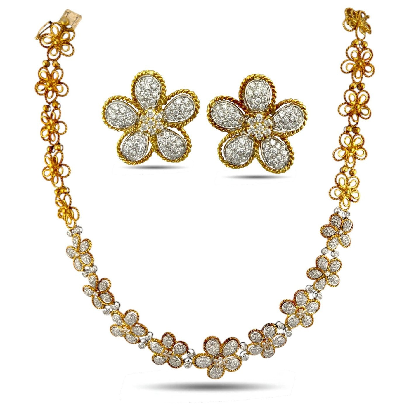 18K Yellow Gold 7.5ct Diamond Sunflower Necklace and Earrings Set