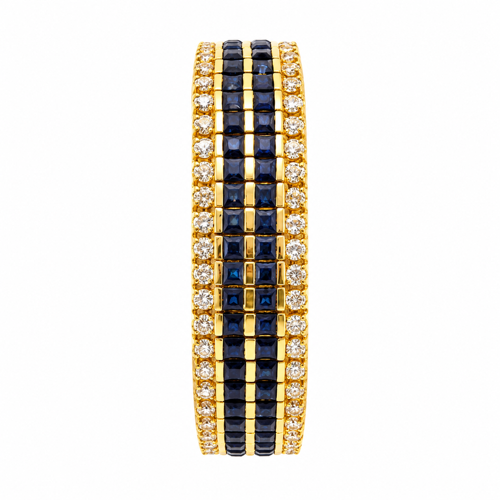 Yellow gold bracelet with vertical blue sapphire squares and bright diamond borders.