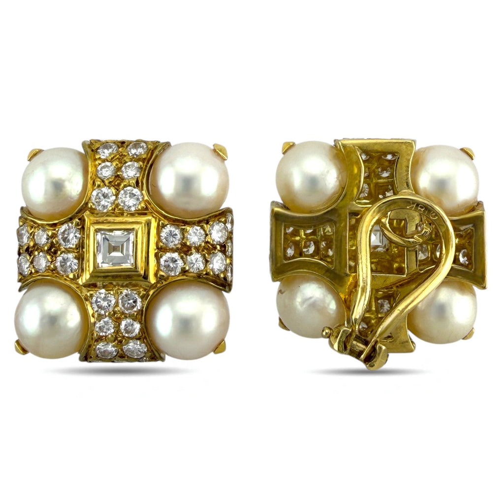 18K Yellow Gold 5.6ct Diamond and Pearl Clip-On Earrings