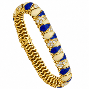 Italian 18K Yellow Gold 2.7ct Diamond, Blue and Tan Enameled Bracelet