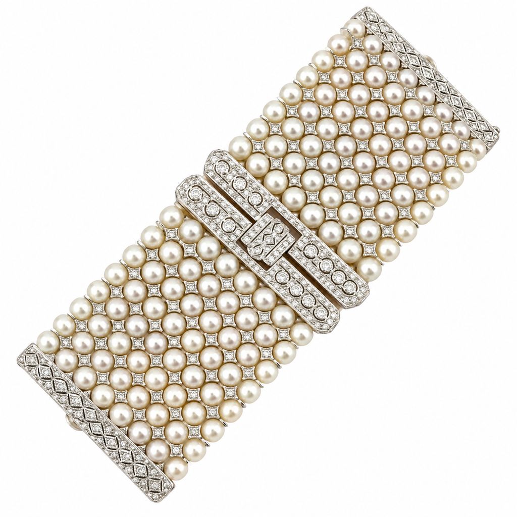 Pearl and diamond bracelet with three pearl rows and diamond-pattern end panels