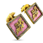 Square gold-tone enamel cufflinks with pink designs, diamond trim and animal finials