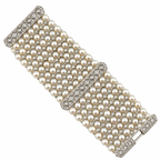 Pearl and diamond bracelet with three strands of pearls and ornate pave end details
