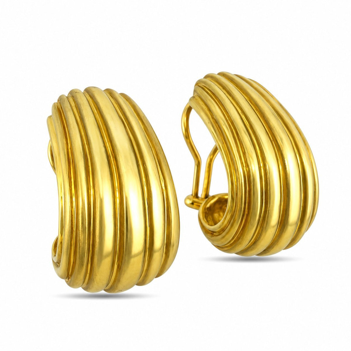 Ribbed gold clip-on earrings shown at an angle, with clip mechanisms visible
