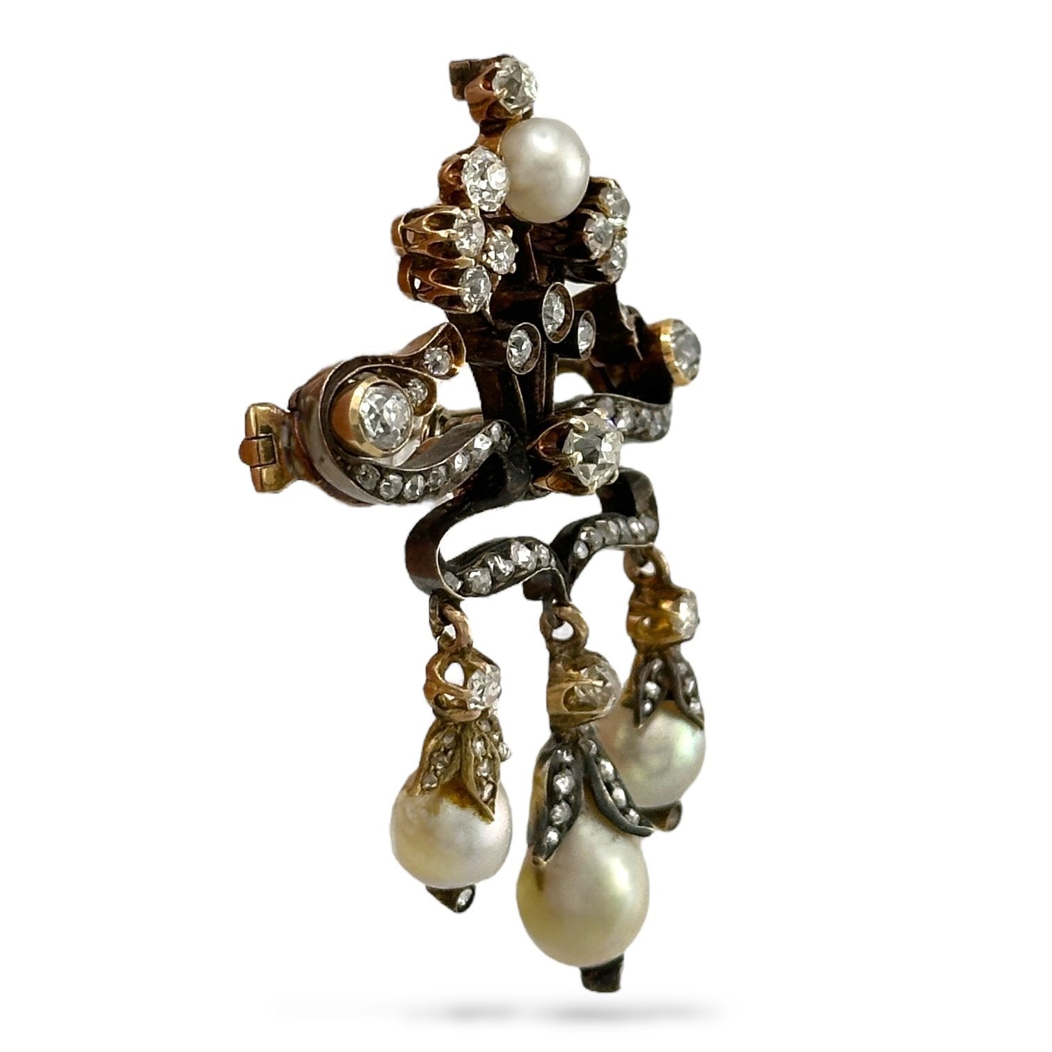 14 kt. Yellow gold, Imperial Russian Period, 14K Gold (56 Zolotnik) 3.00ct Diamond & Pearl Floral Brooch by Henrik -  3.0ct. tw. Diamond