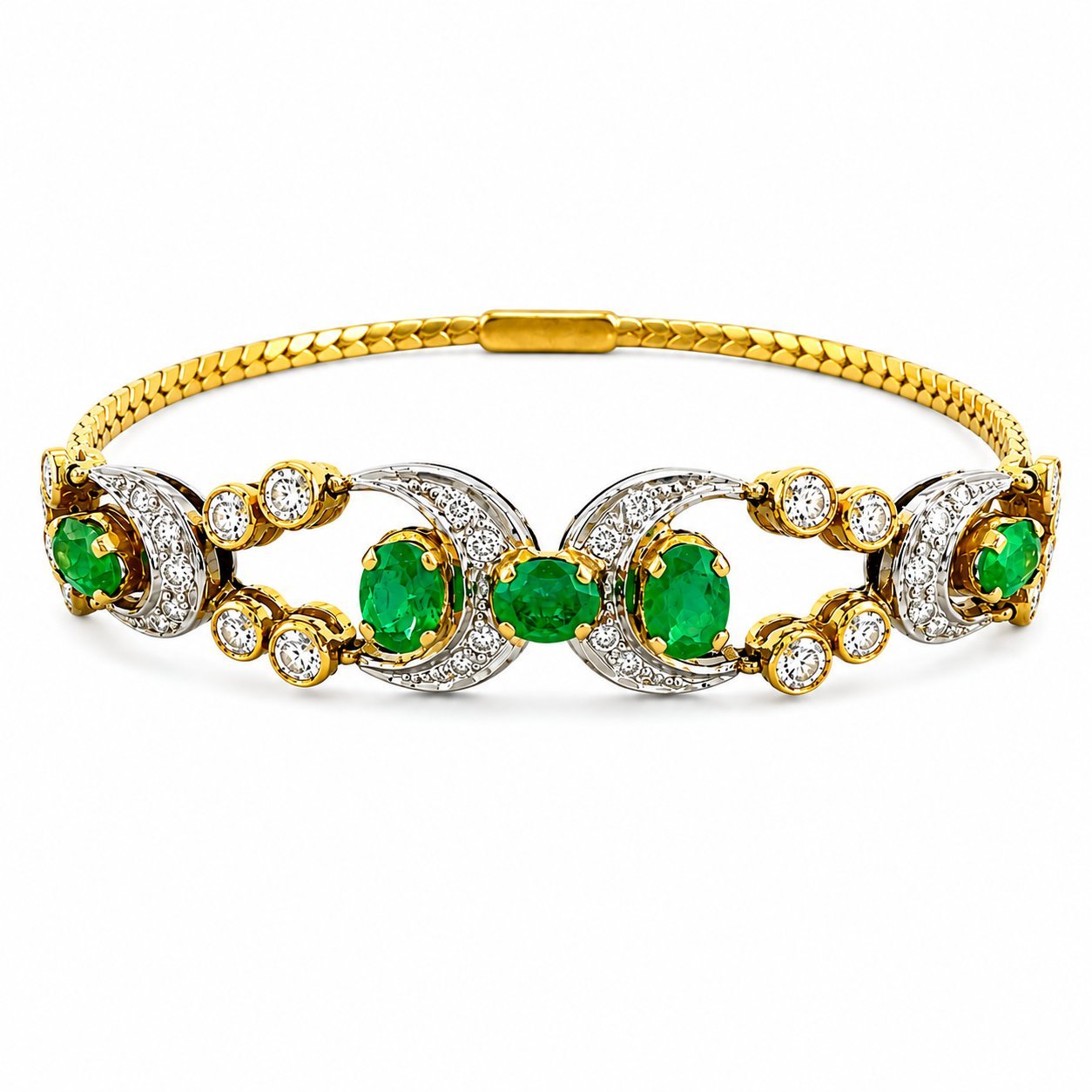 Gold tennis bracelet with alternating emerald and diamond oval stations, bezel-set green stones