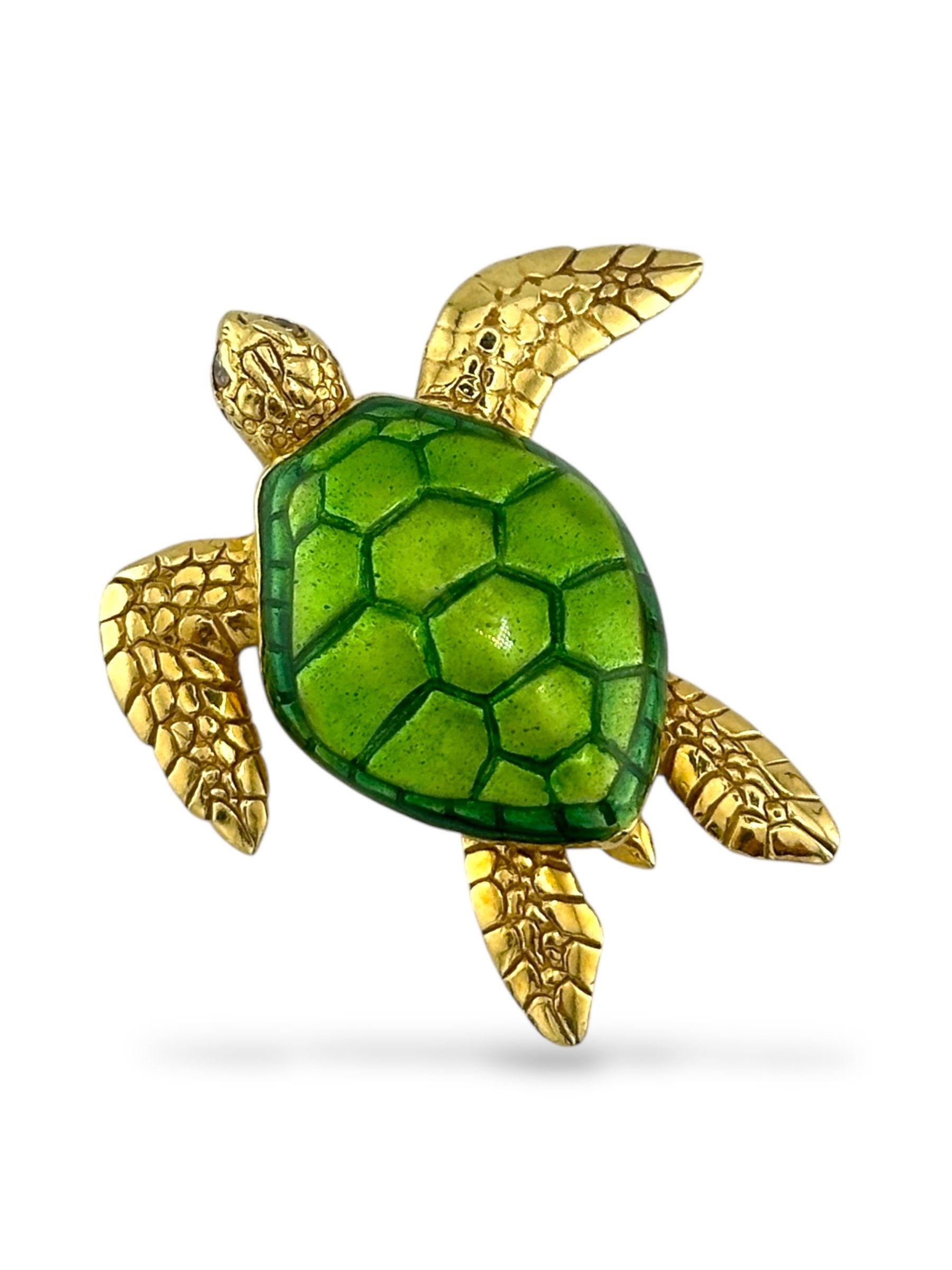 Brooch - 18 kt. Yellow gold, 18K Yellow Gold Turtle Brooch with Green Enamel Shell