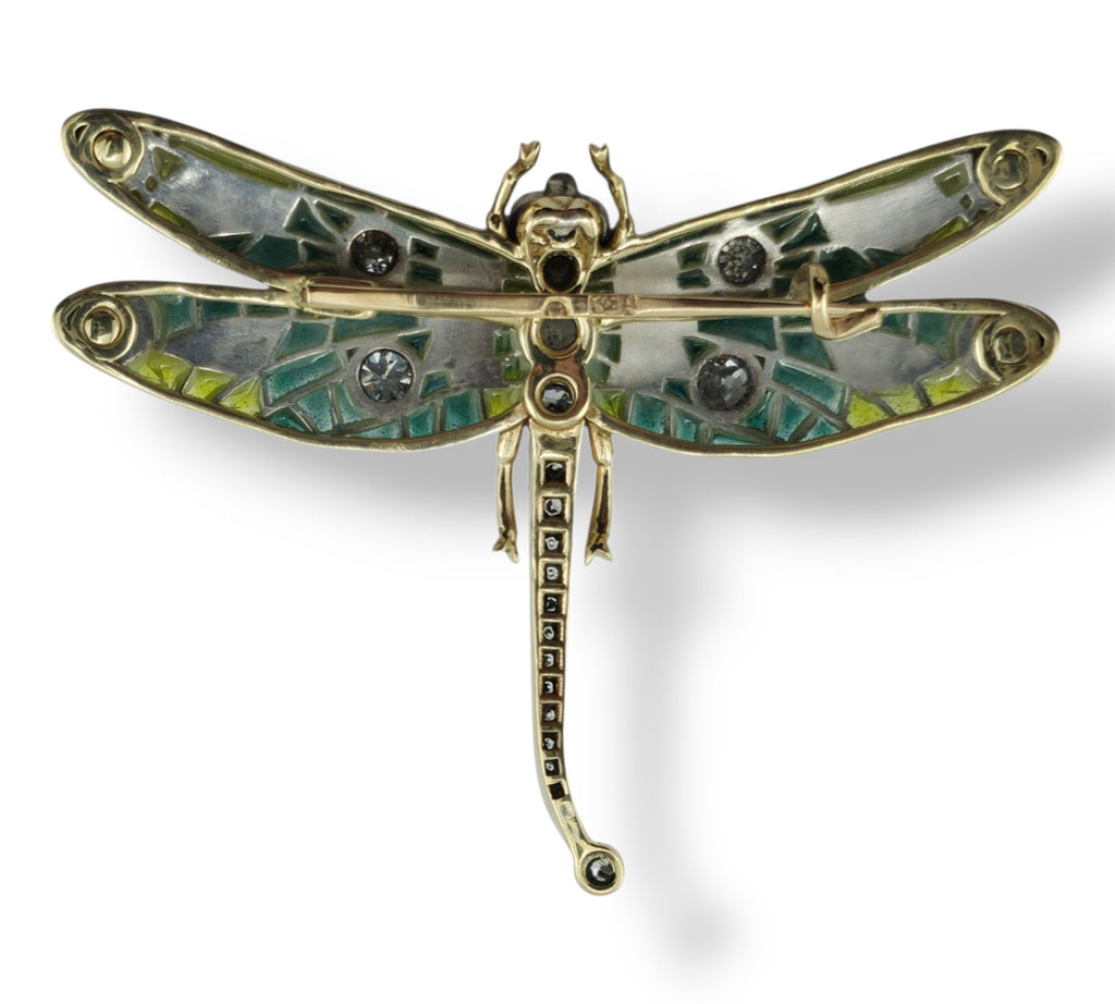 Imperial Russian Period 56K Gold Enamel and 1.5ct Diamond Dragonfly Brooch Circa 1900