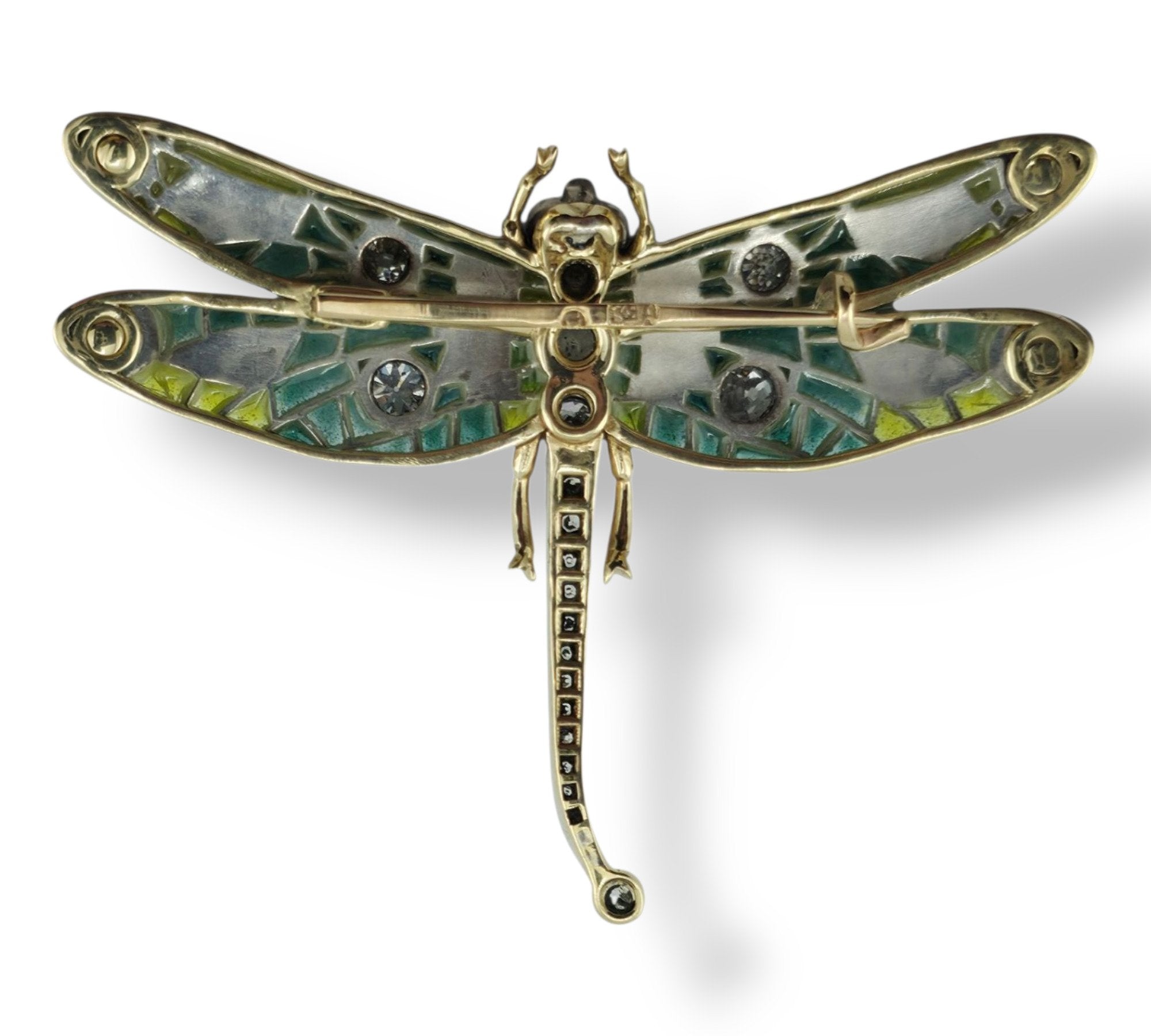 Imperial Russian Period 56K Gold Enamel and 1.5ct Diamond Dragonfly Brooch Circa 1900