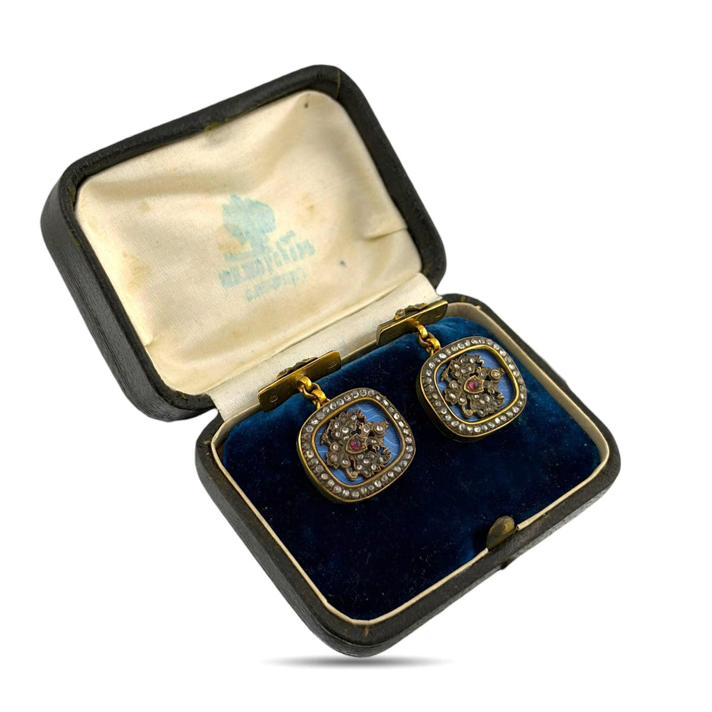 Faberge gold cufflinks in case, with blue enamel, ruby and diamond crest