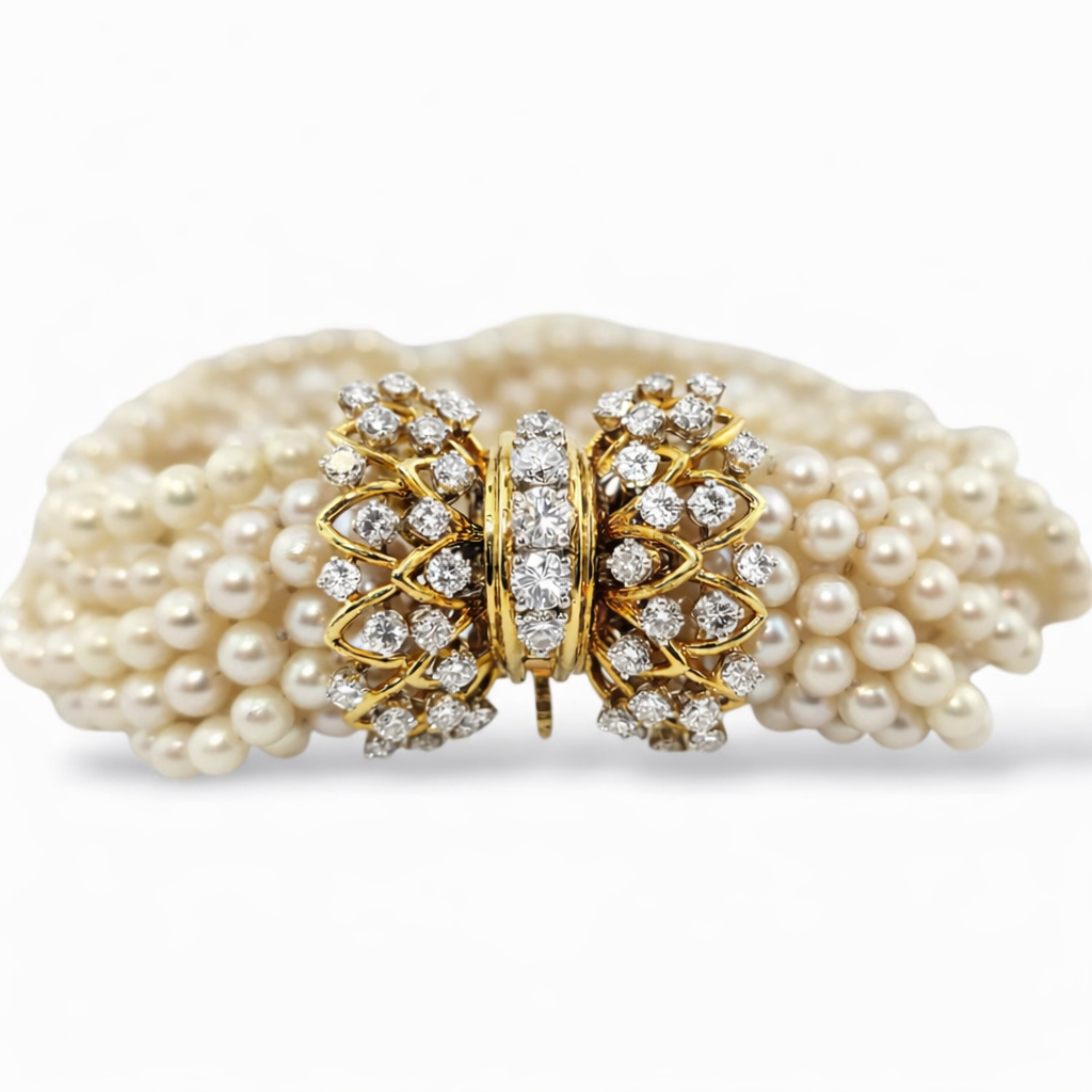 18 kt. Antique 18K Yellow Gold Multi-Strand Pearl and 4.30ct Diamond Bracelet, Yellow gold -  4.30ct. tw. Diamond (Natural)  - Pearl