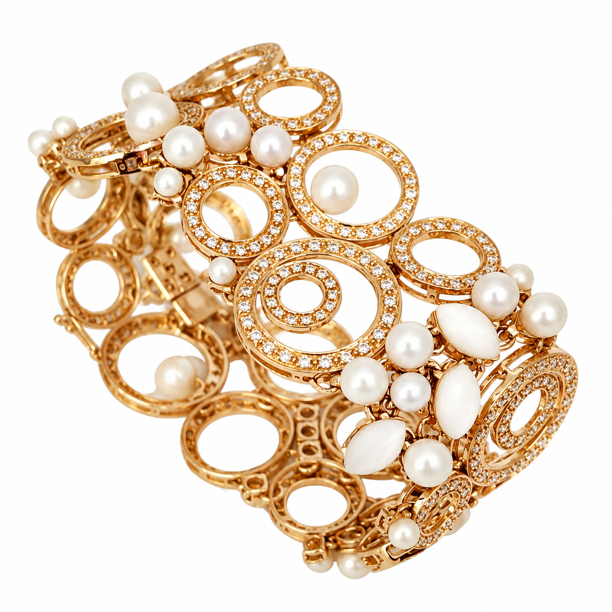 Gold pearl and diamond-style link bracelet with interlocking oval rings, angled view