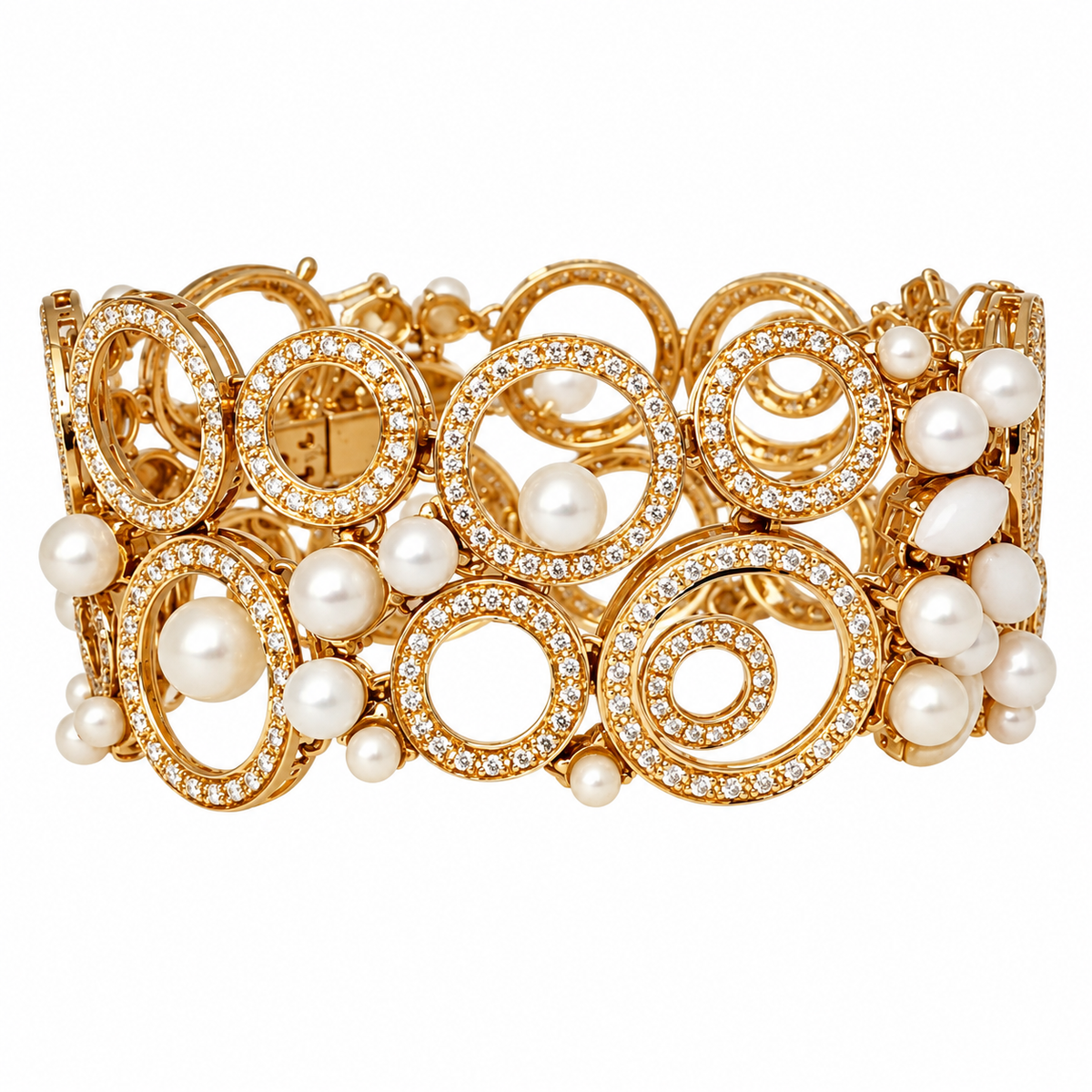 Gold oval motif bracelet with white pearls and diamond-style stones, clasp visible