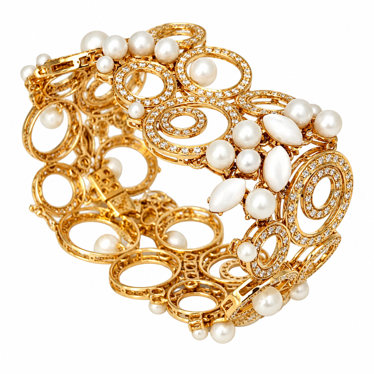Gold bracelet with circular diamond-style settings and white pearl links, hinged closure