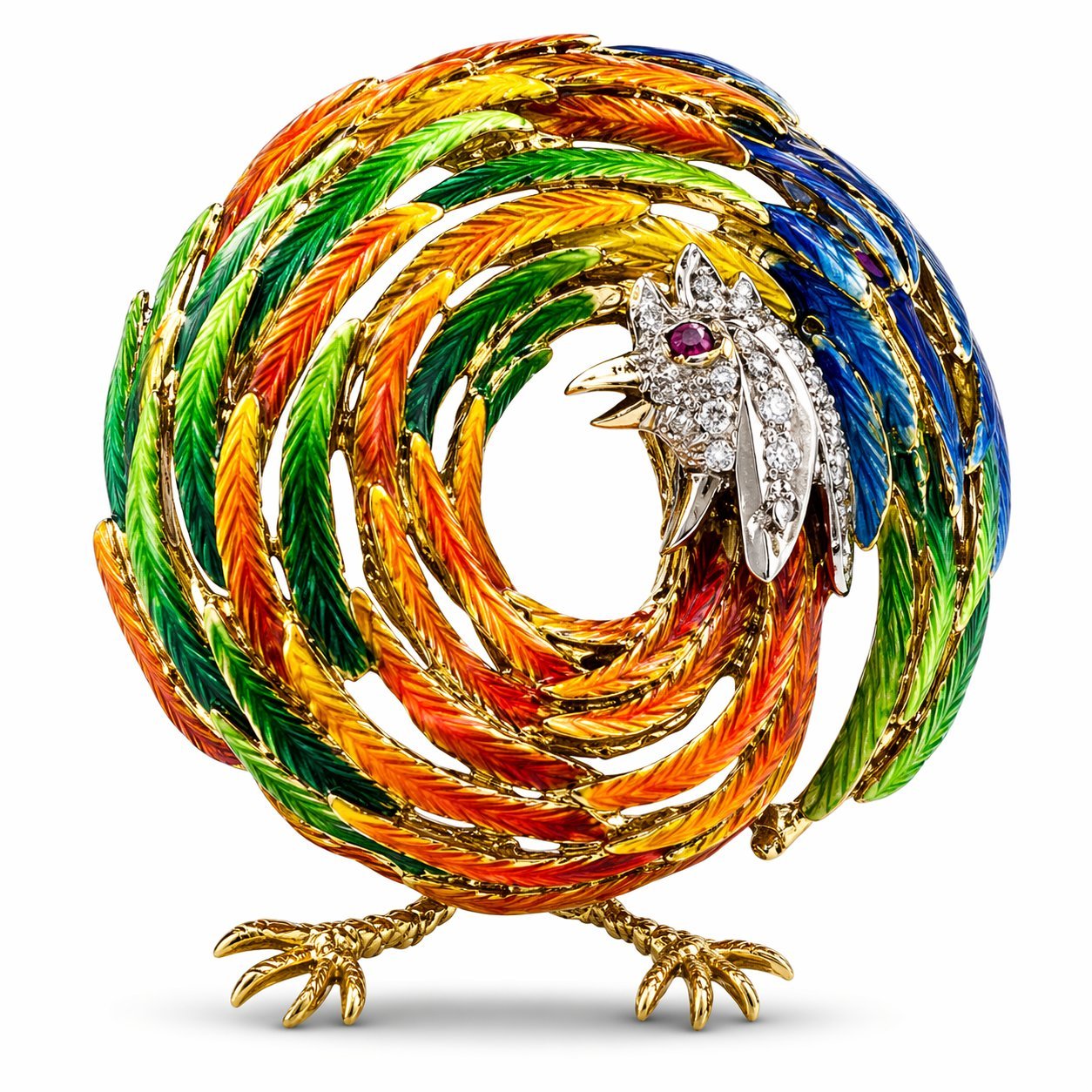 18K Yellow Gold Enamel Ruby and 0.11ct Diamond Rooster Brooch