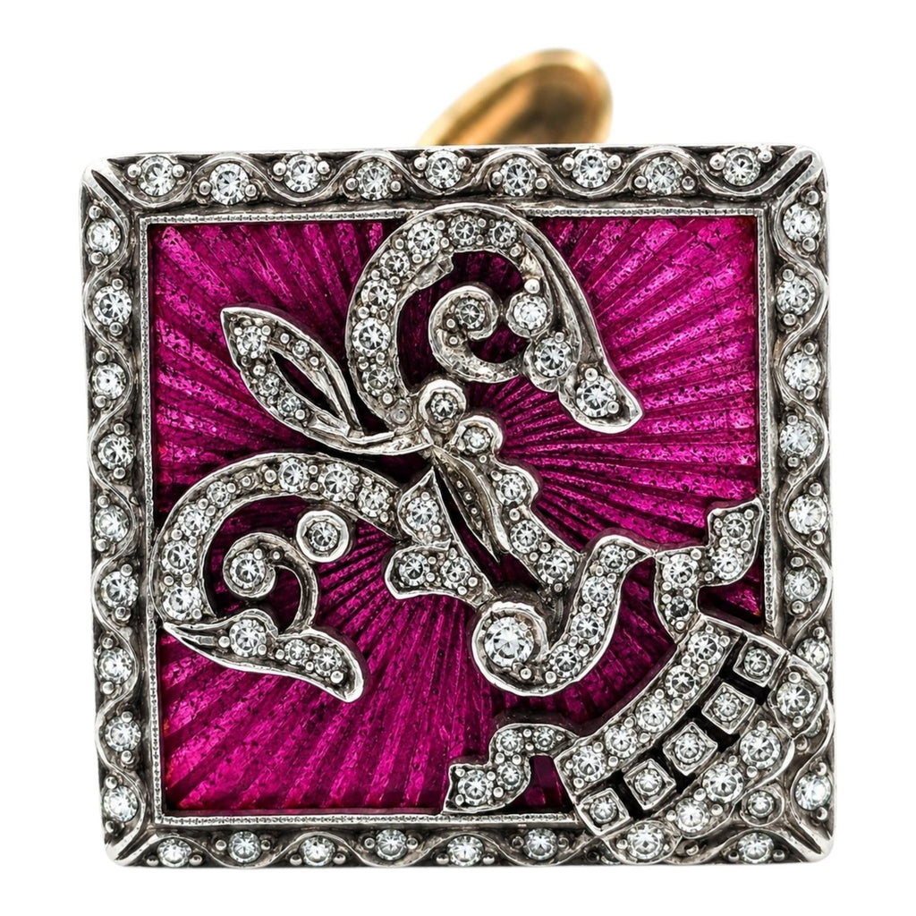 K.Faberge Imperial Russian 56 Yellow Gold Diamond & Pink Enamel Imperial Crown Cufflinks