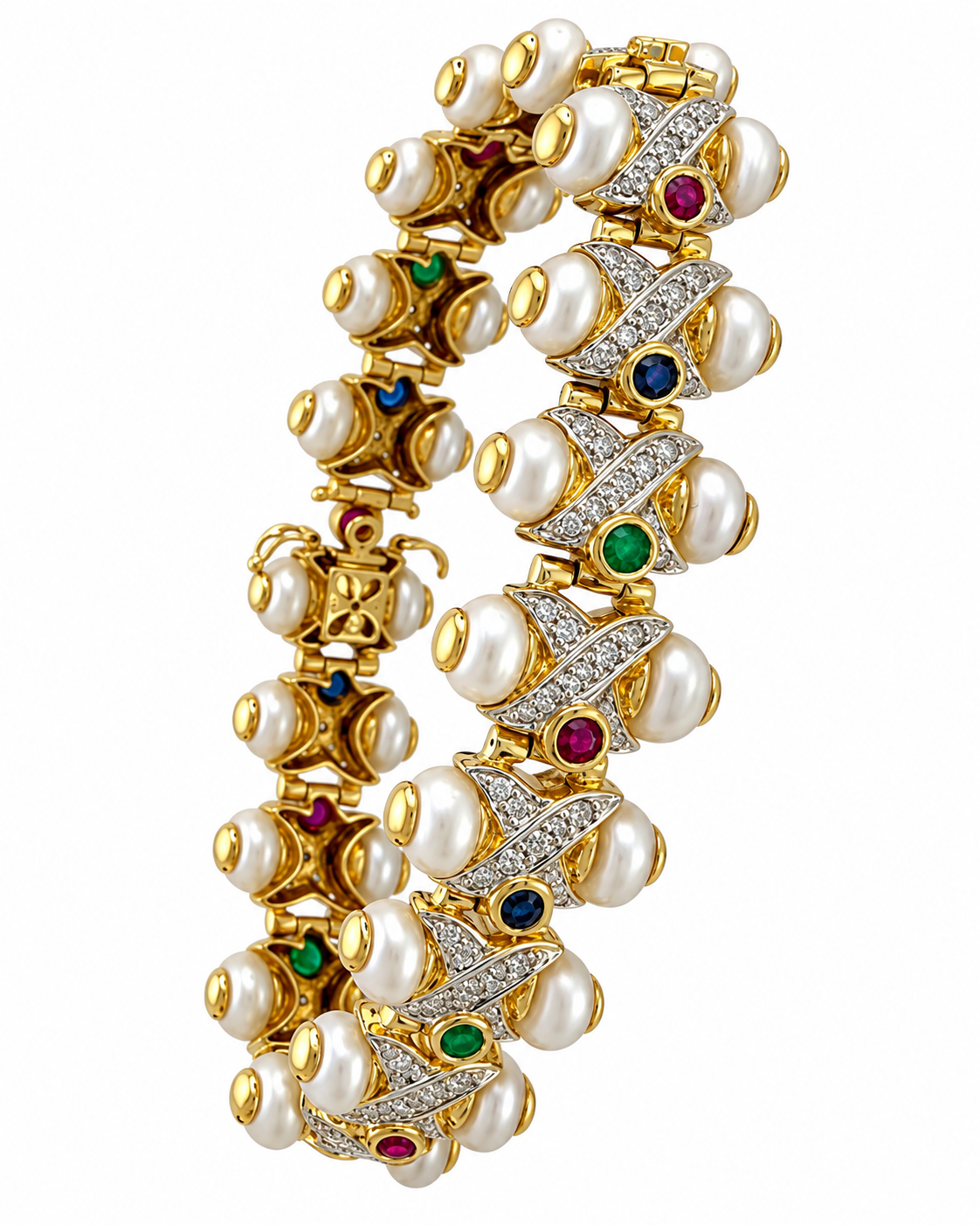 14K yellow gold bracelet with white pearls, diamond accents, and ruby/emerald/sapphire tones