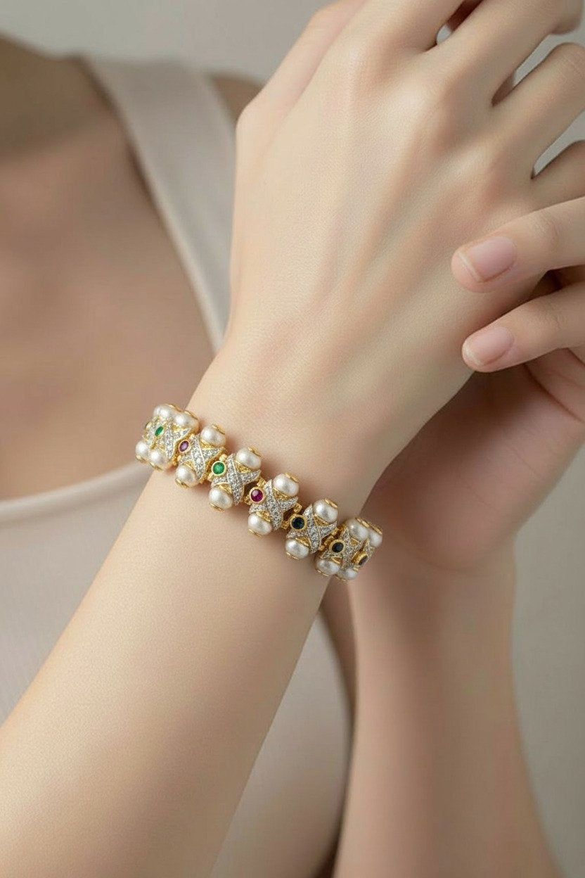 14K yellow gold jeweled bracelet with pearls and colorful gemstone accents