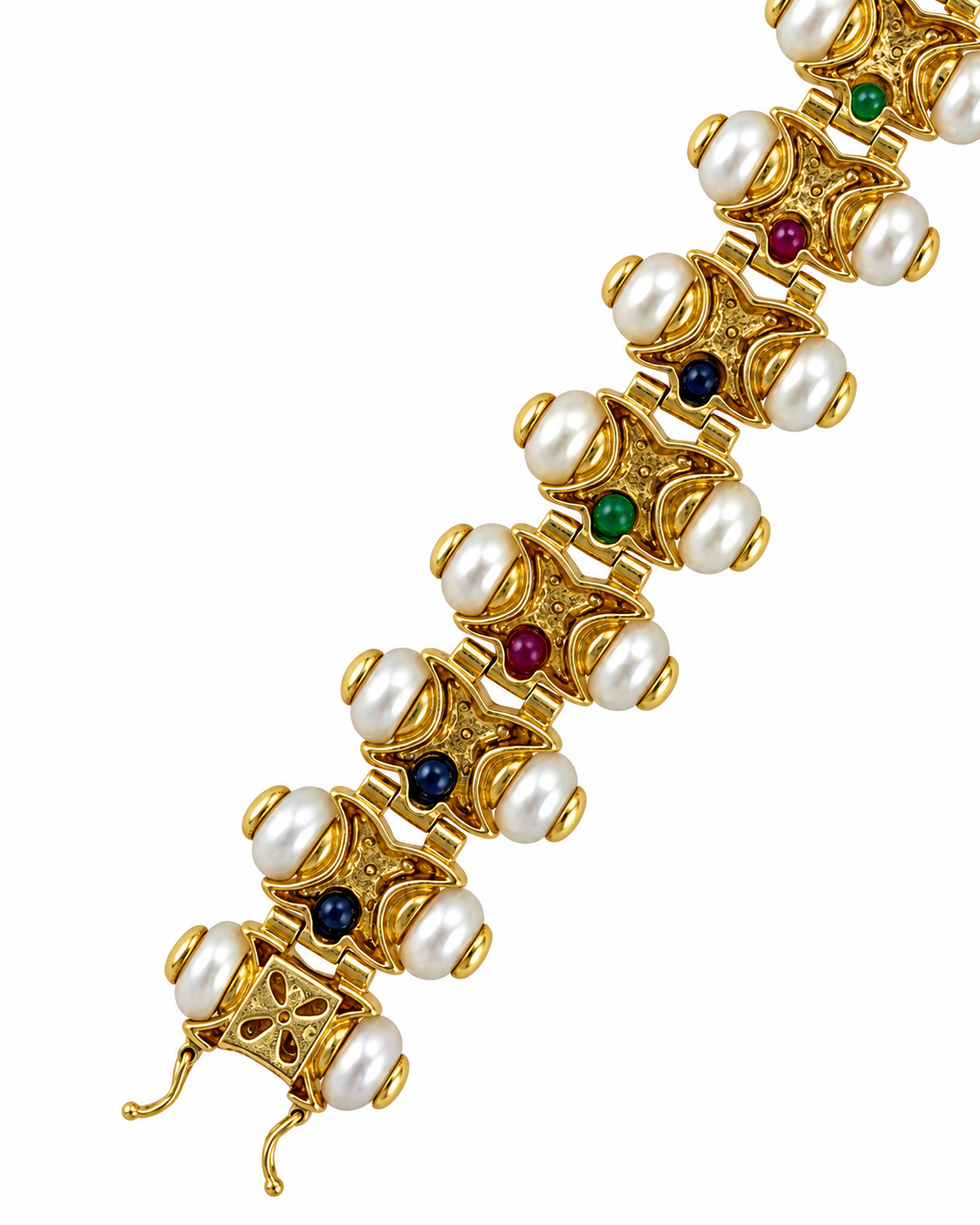 14K yellow gold bracelet links with white pearls and multicolor gemstones