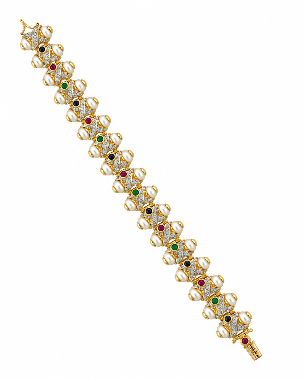 14K yellow gold bracelet with white pearls and alternating colored gemstone settings