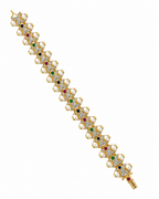 14K yellow gold bracelet with white pearls and alternating colored gemstone settings