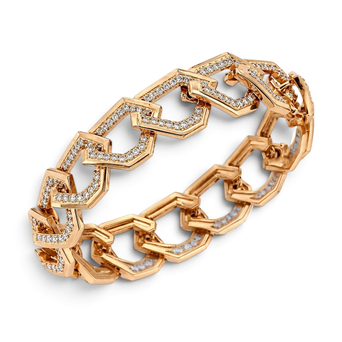 Gold diamond link bracelet with geometric, faceted openwork settings