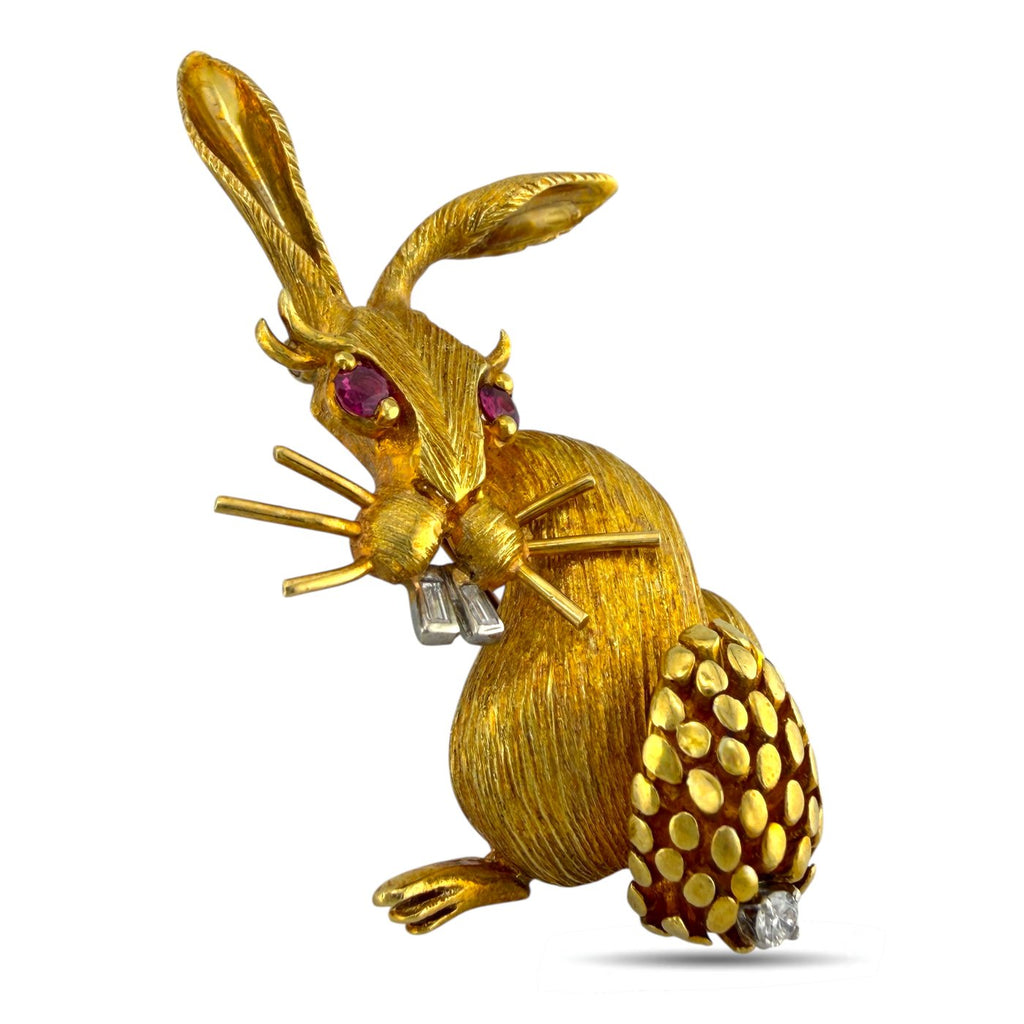 Hammerman Brothers 18K Yellow Gold Diamond and Ruby Bunny Brooch
