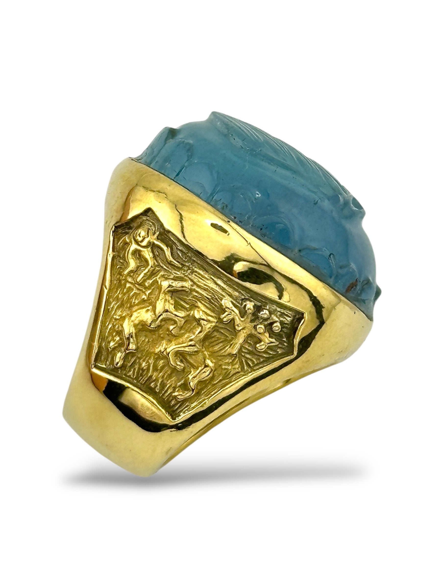 18K Gold Ring with Large Light Blue Horse Engraved Aquamarine