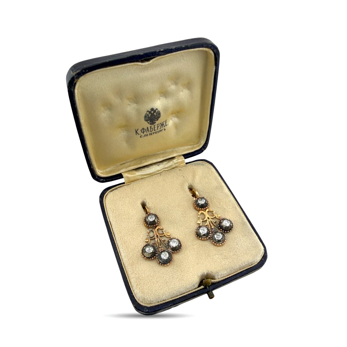 K. Faberge Imperial Russian 14K (56K) Rose Gold 1.36ct Diamond Earrings