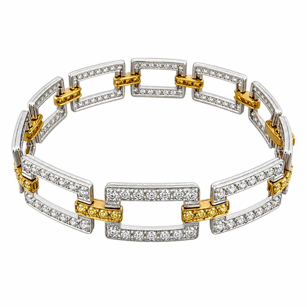 Diamond and yellow sapphire link bracelet in yellow gold and platinum