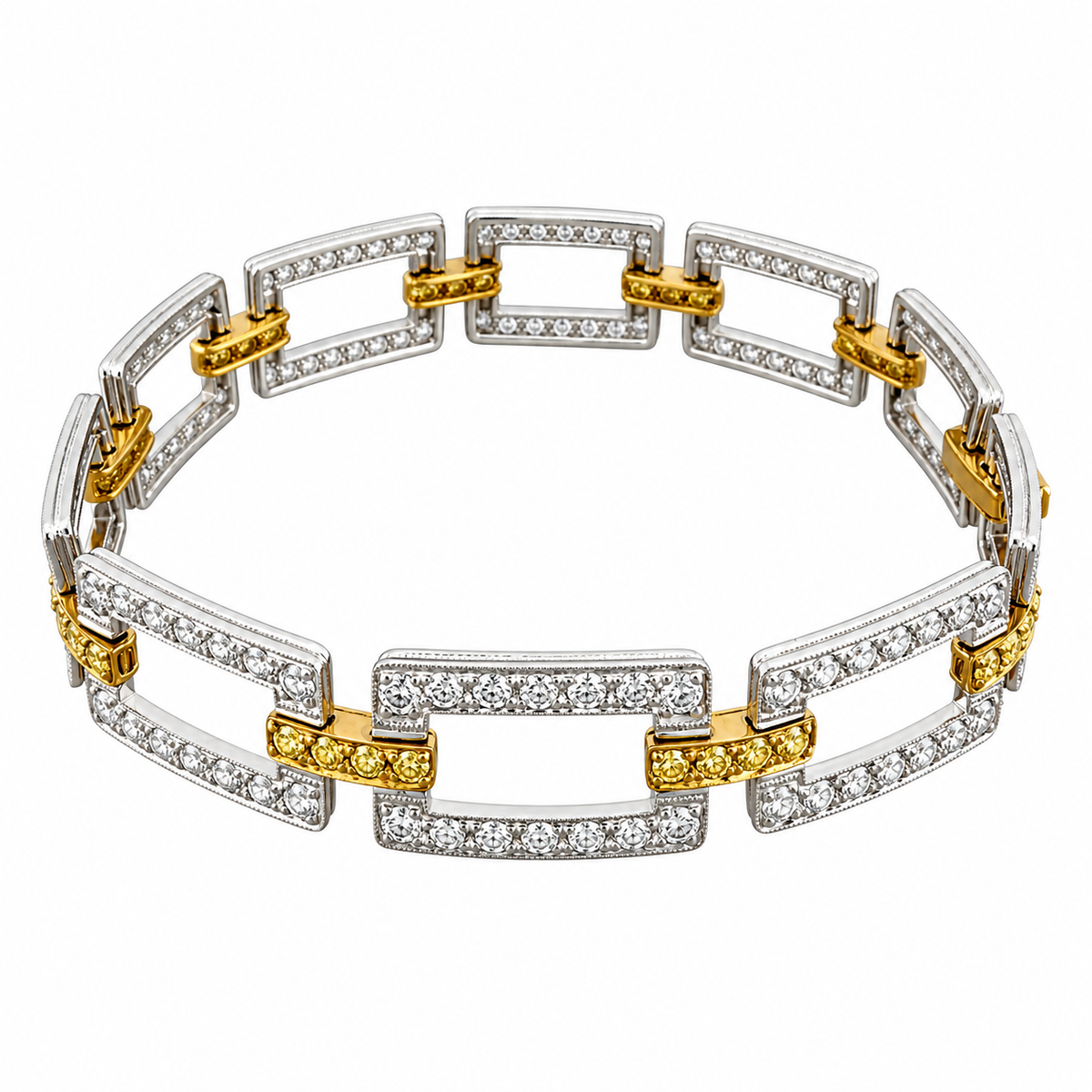 Diamond and yellow sapphire link bracelet in yellow gold and platinum