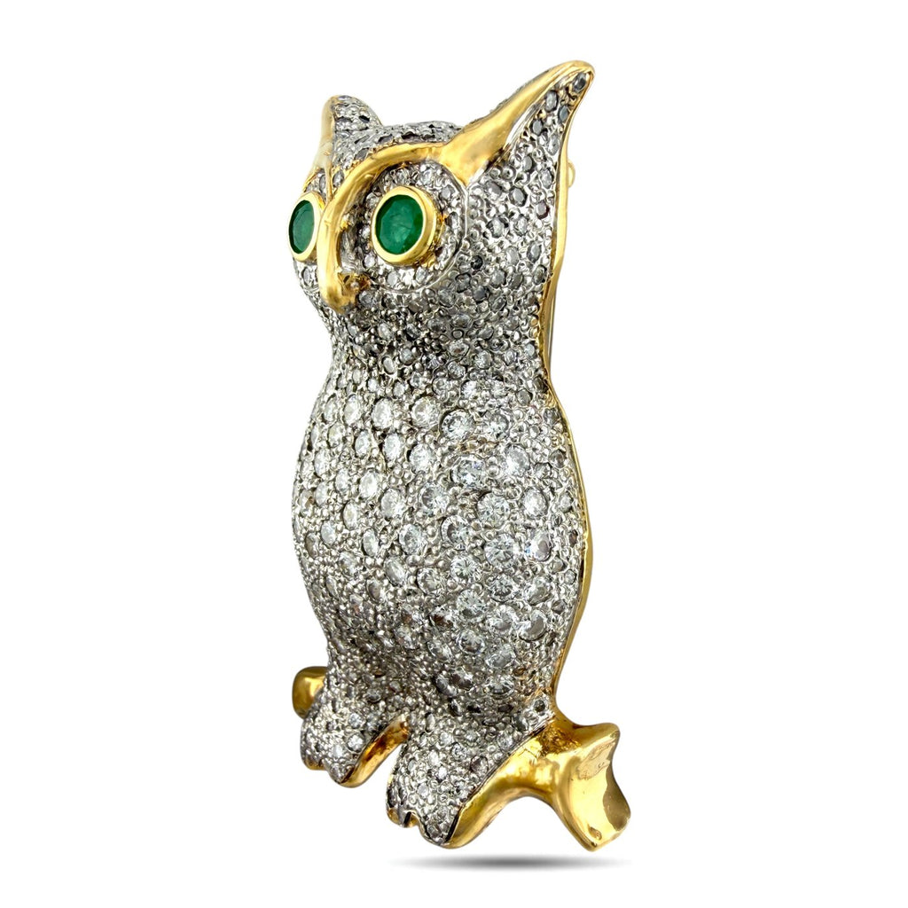 French 14K Yellow Gold 10.00ct Diamond and 0.30ct Emerald Owl Brooch