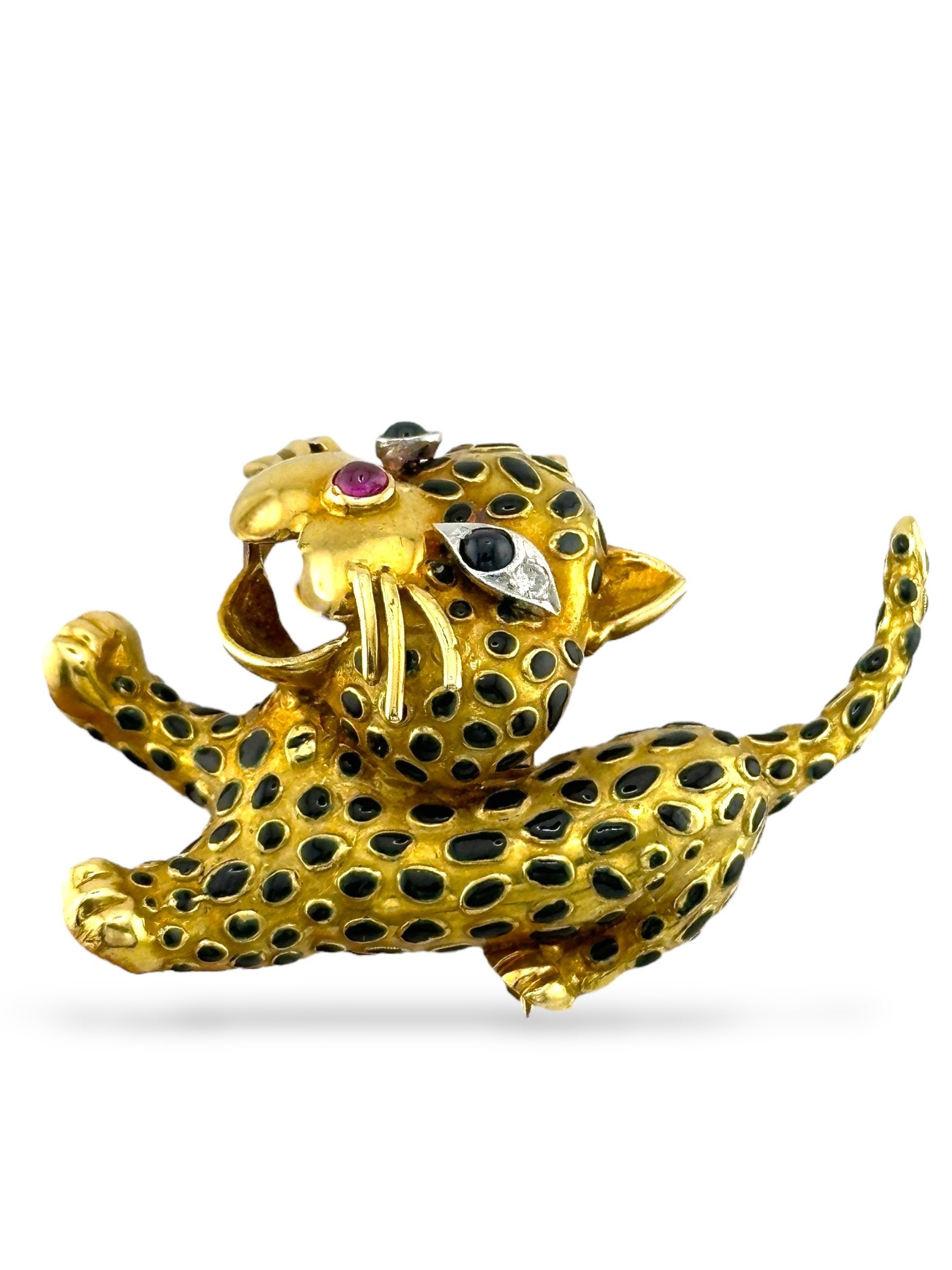 Brooch - 18 kt. 18K Yellow Gold Leopard Brooch with Diamonds, Ruby & Enamel, Yellow gold
