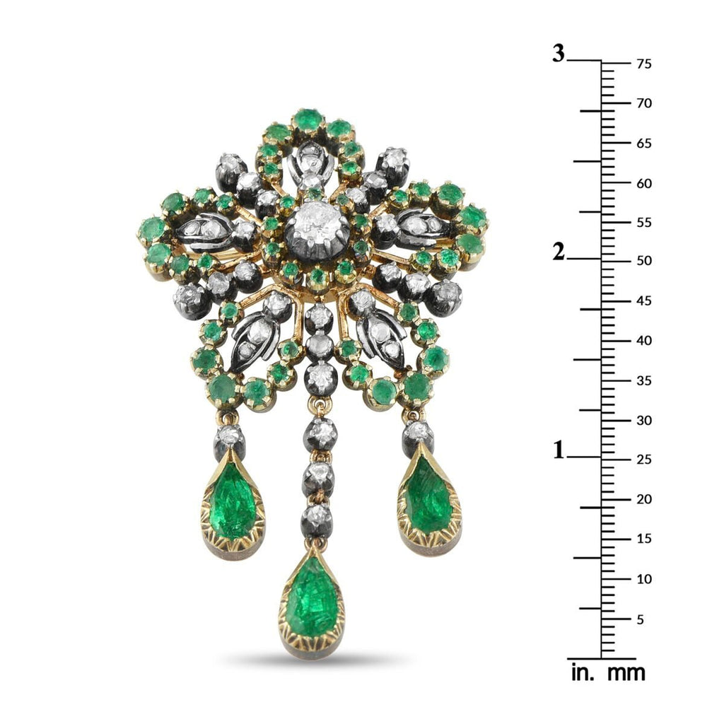 Antique 18K Rose Gold and Silver 1.5ct Diamond and Emerald Brooch