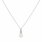 18K white gold diamond and pearl drop necklace with single round white pearl centerpiece