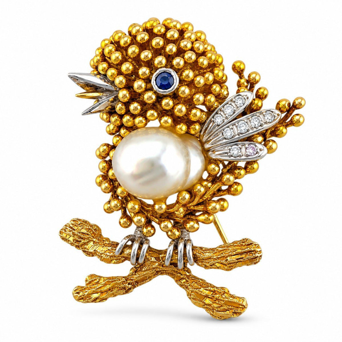 Gold-tone bird brooch with pearl center, sapphire eye, diamond accents and beaded body