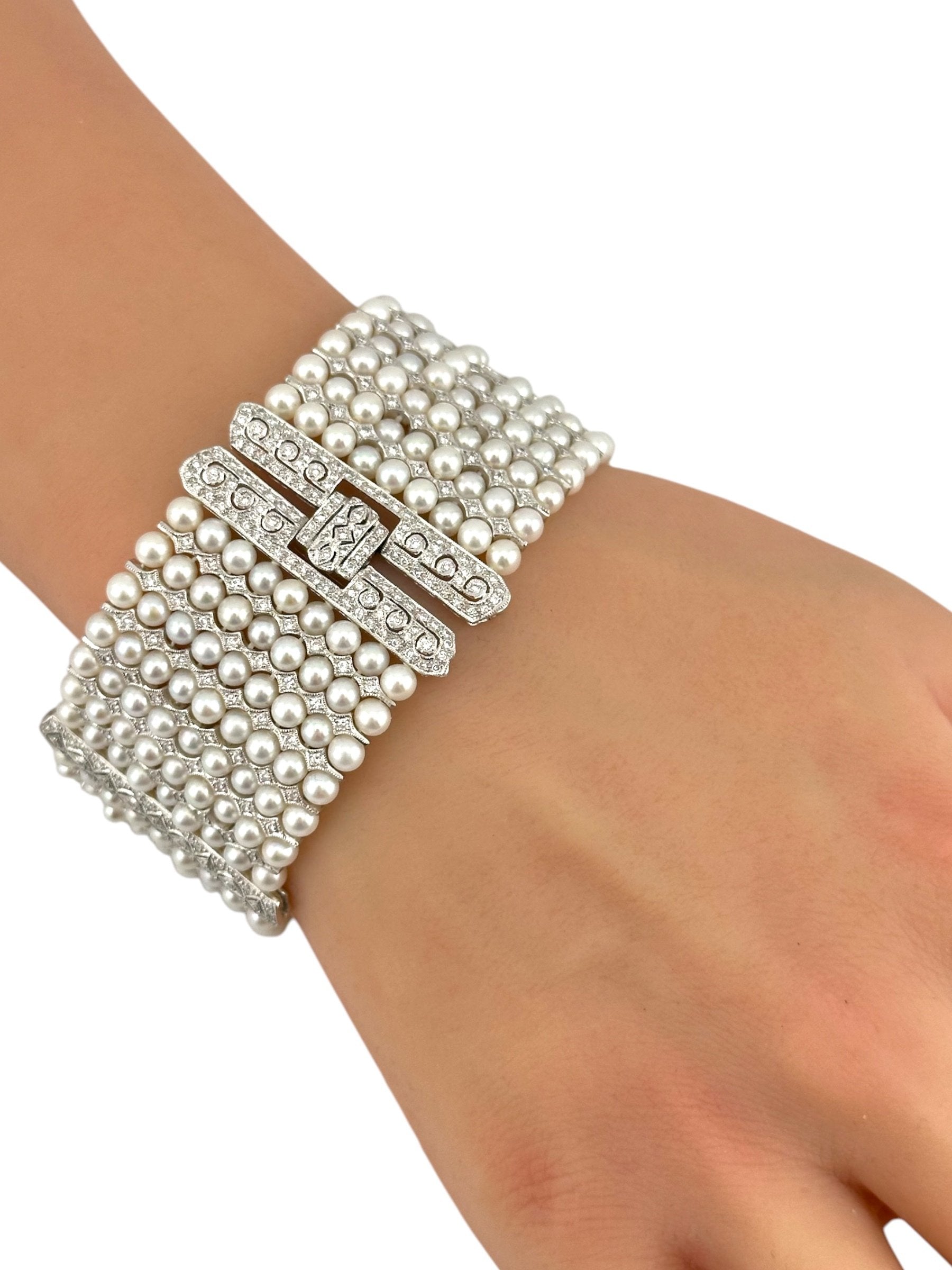 18 kt. White gold,  18K White Gold Diamond & Pearl Bracelet  -  2.97ct. tw. Diamond (Natural)