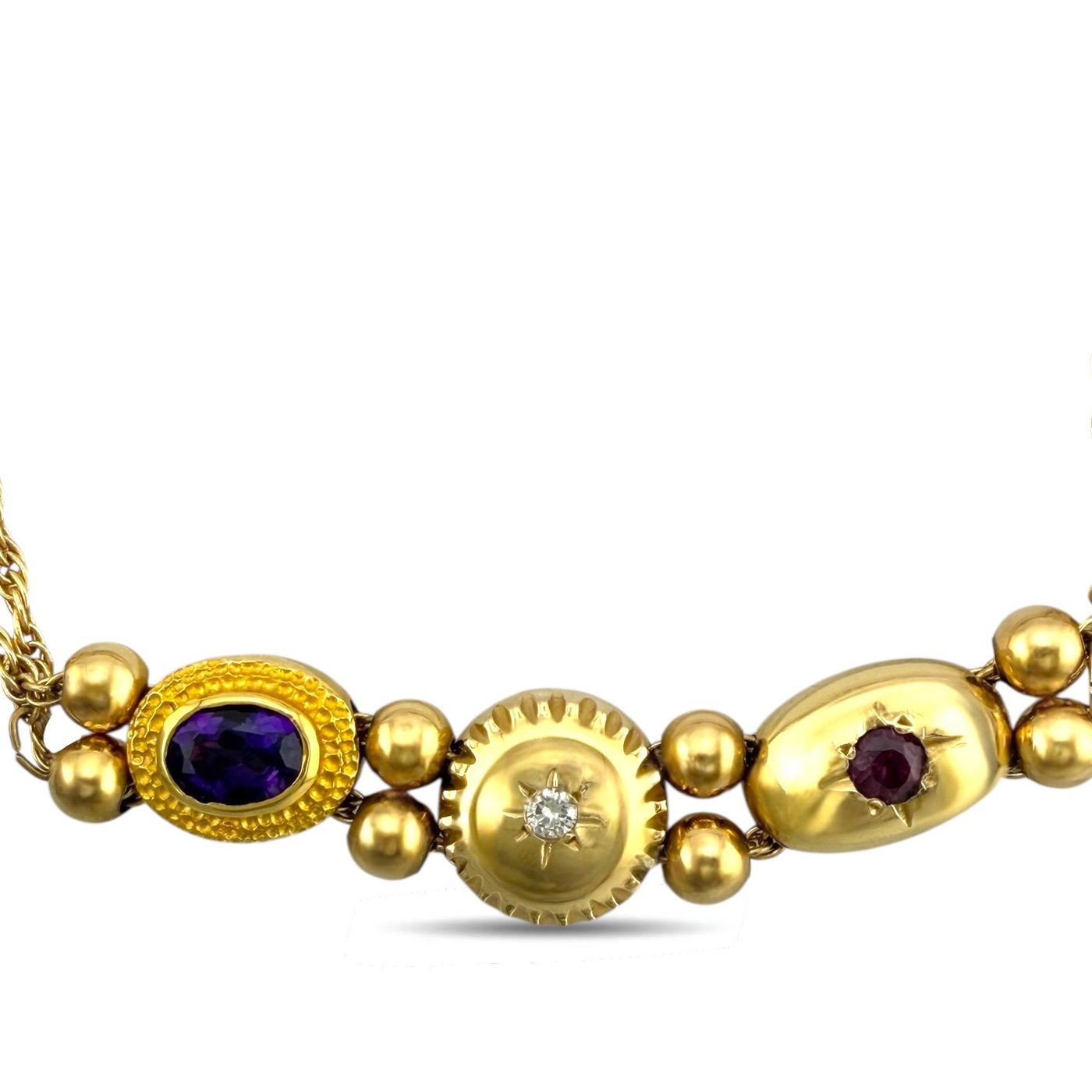 14K Yellow Gold Amethyst Ruby and Diamond Bracelet