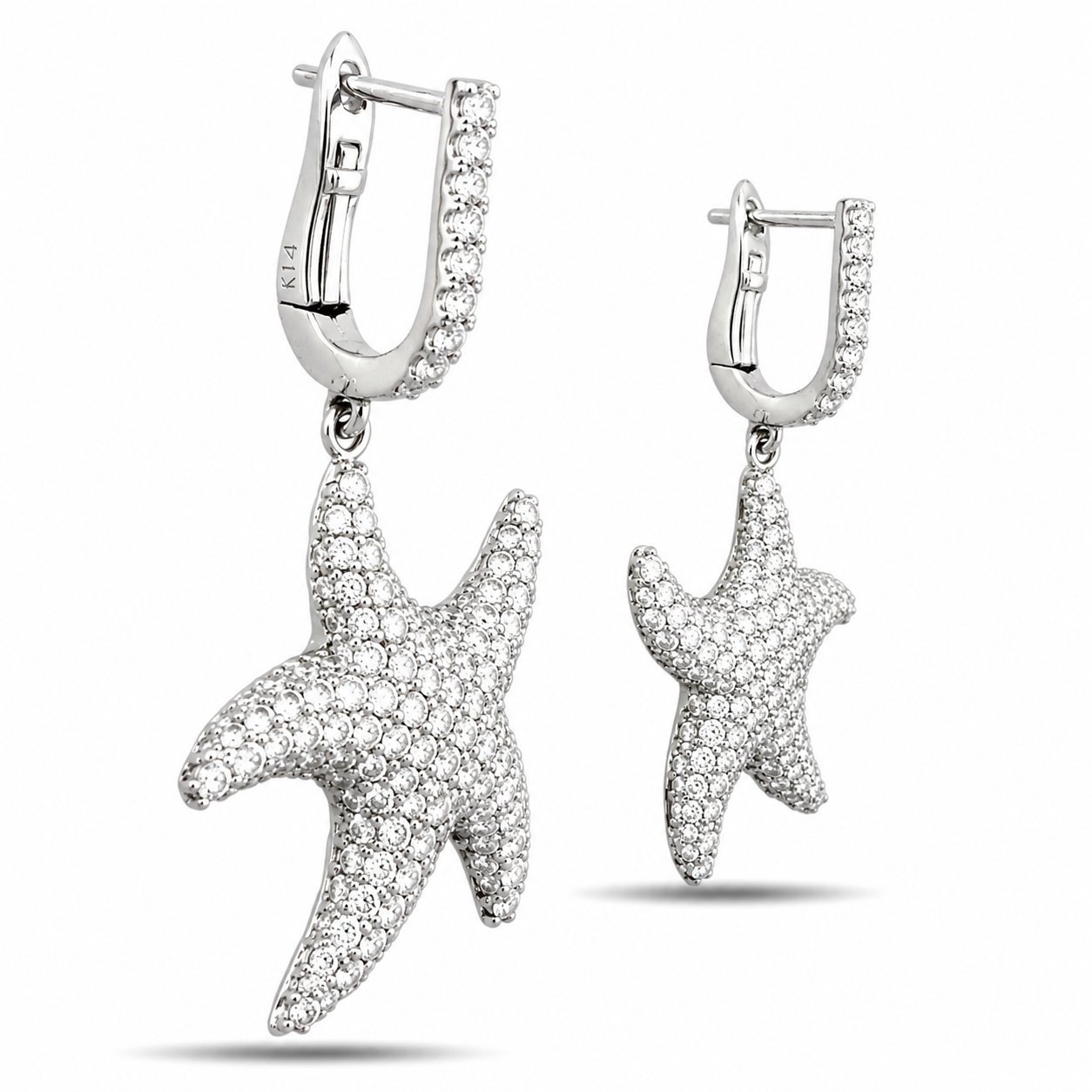 14K white gold diamond starfish drop earrings