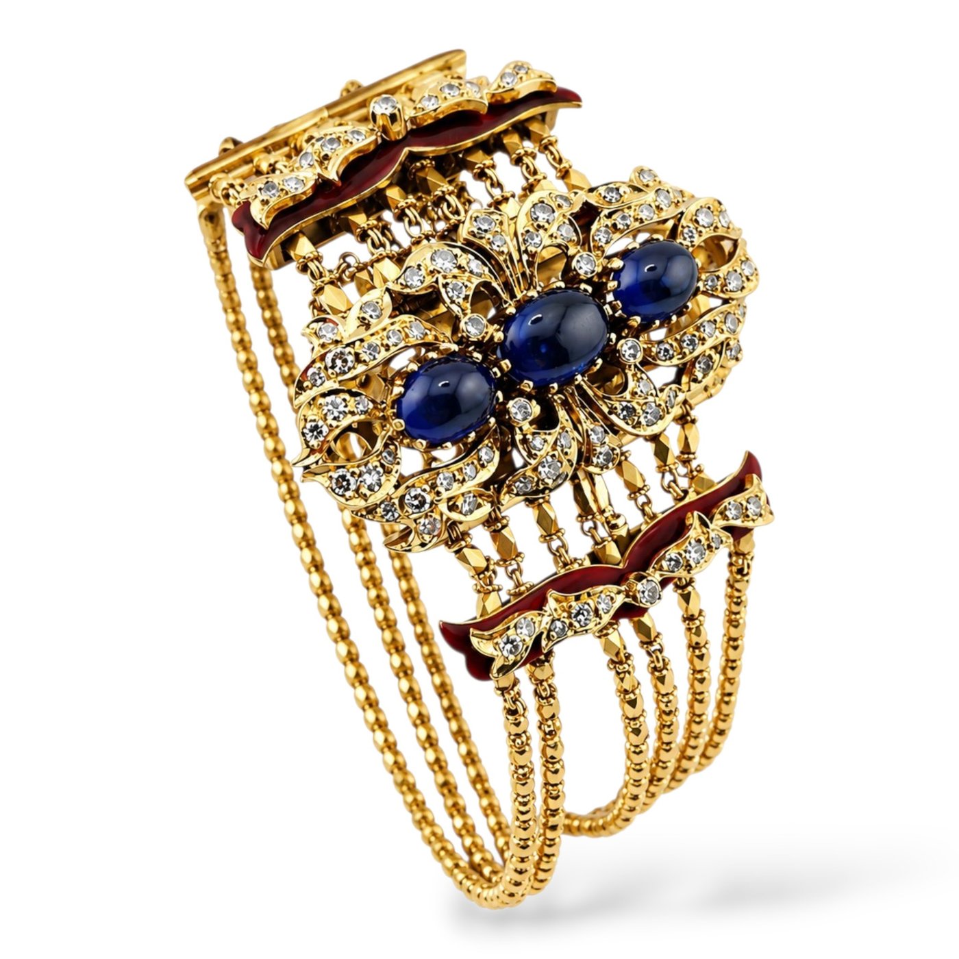 Antique 18K Yellow Gold Red Enamel 4.00ct Sapphire and 2.50ct Diamond Bracelet