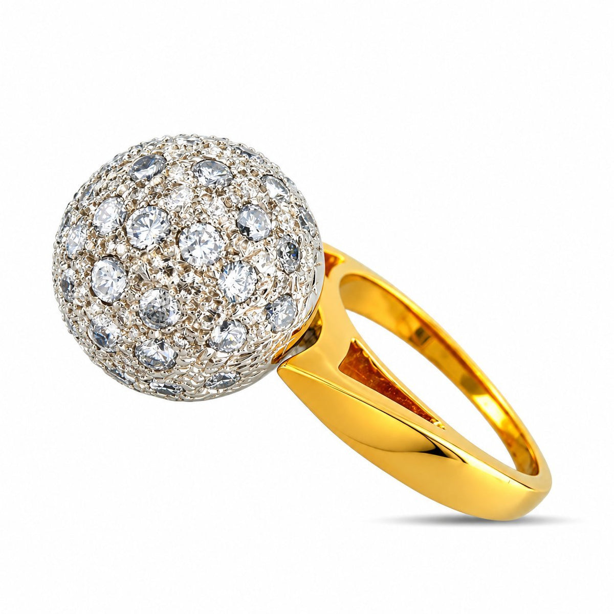 Diamond dome ring in angled view, showing the polished gold band and openwork setting
